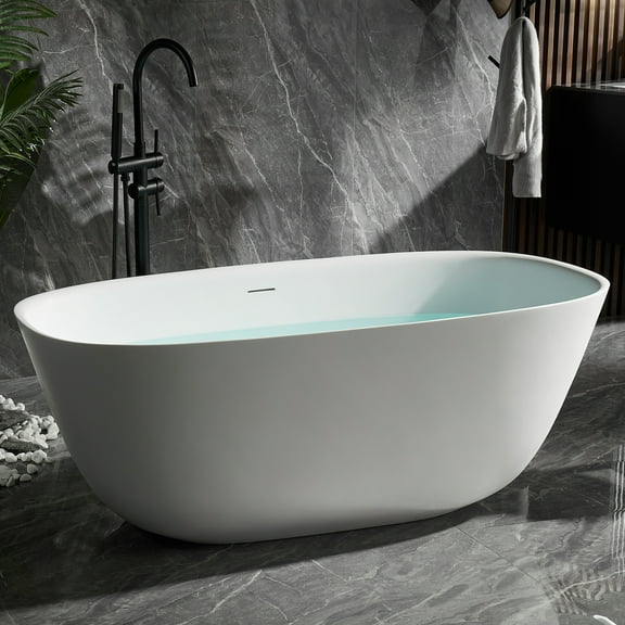 Cpingao 59" Solid Surface Freestanding Bathtub, Stone Resin Soaking Tubs, Stand Alone Tub with Pop-up Drain and Overflow, Matte White 8823A-1500