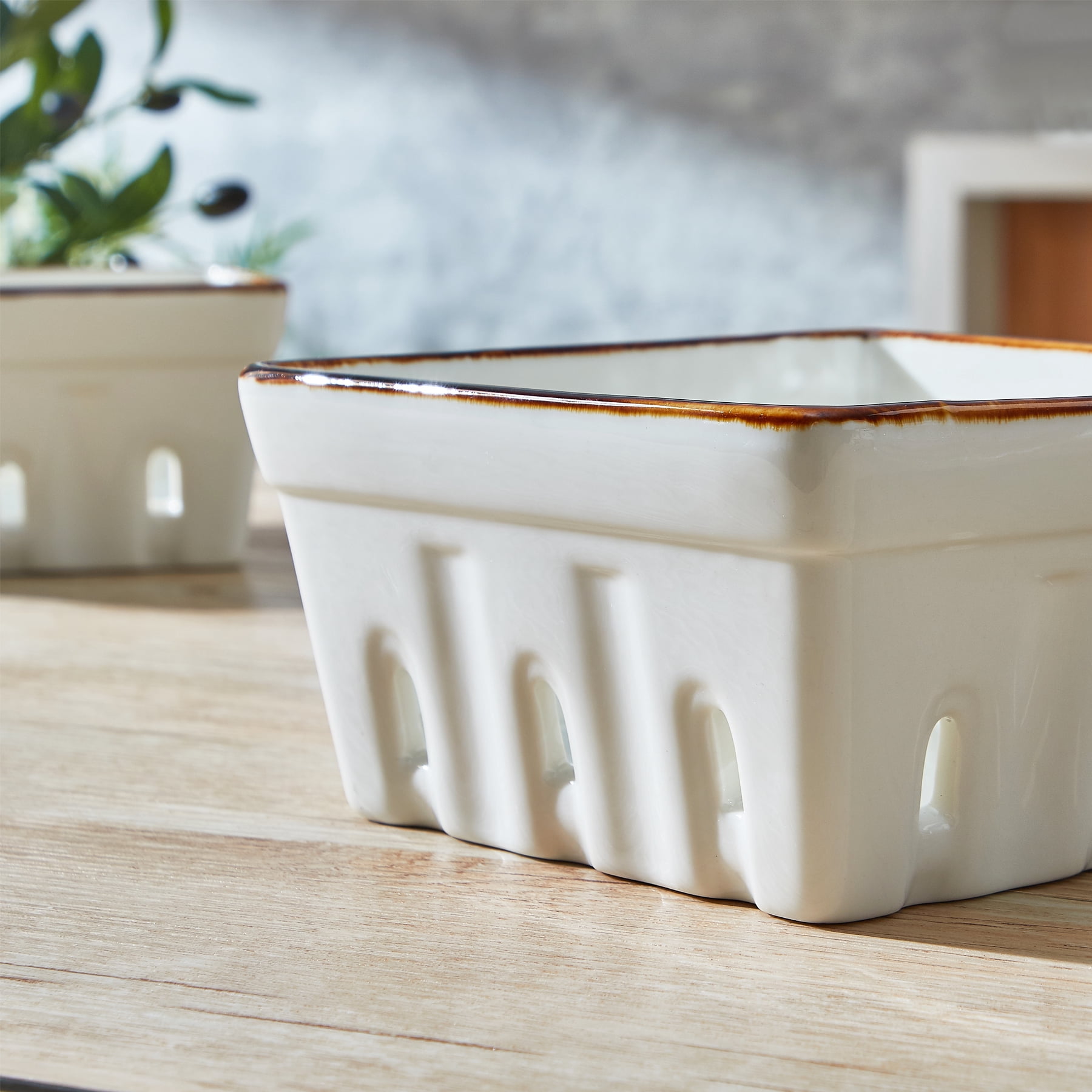 CONTENPO Ceramic Berry Basket with Holes, Berry Bowl Colander Fruit Basket for Kitchen Décor - 5.9" Berry Containers for Fridge, Cream White (2 PCS)
