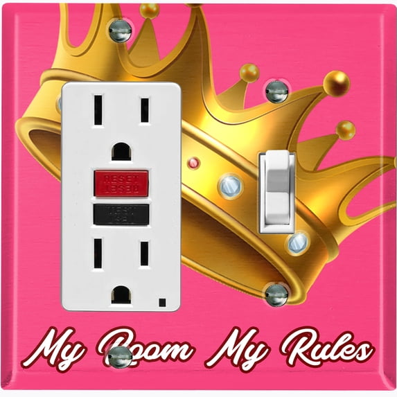 Metal Light Switch Plate Outlet Cover (My Room My Rules Crown Pink Tilted - Single Rocker Single Toggle)