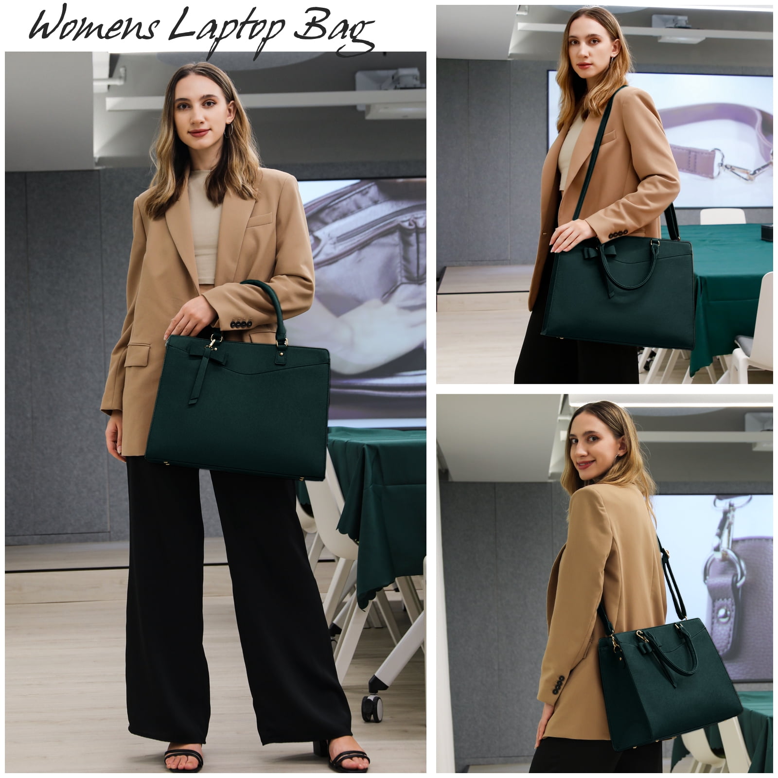 RAINSMORE Laptop Bag for Women 15.6 Inch PU Tote Bag Business Office Work Bag Waterproof Briefcase Computer Tote Lightweight Handbag Shoulder,Dark Green