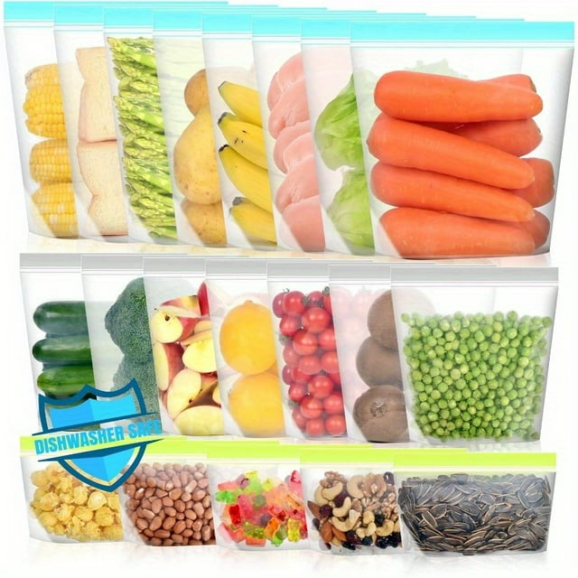 HLONK Lot de 20 Sacs de Congélation Réutilisables - Sacs de Rangement Alimentaires Étanches Sans BPA pour Lave-Vaisselle et Micro-Ondes pour Préparation de Repas Design Pliable (1 Gallon Quart Tailles Sandwich) Réutilisables
