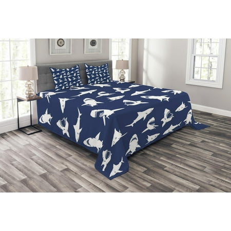 Various Patterns Shark Bedspread Set, Shark Pattern with Various Gestures Have A Bite Danger Humor Nautical Design, Decorative Quilted Coverlet Set with Pillow Shams Included, Violet Blue White, by Ambesonne ()
