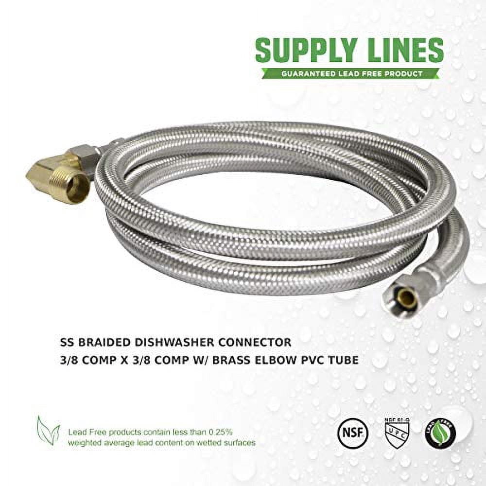 Highcraft Dishwasher Water Supply Line, Hose Connector Has 3/8 Inch 90 Degree Brass Elbow Fitting, Braided Stainless Steel 10 Ft