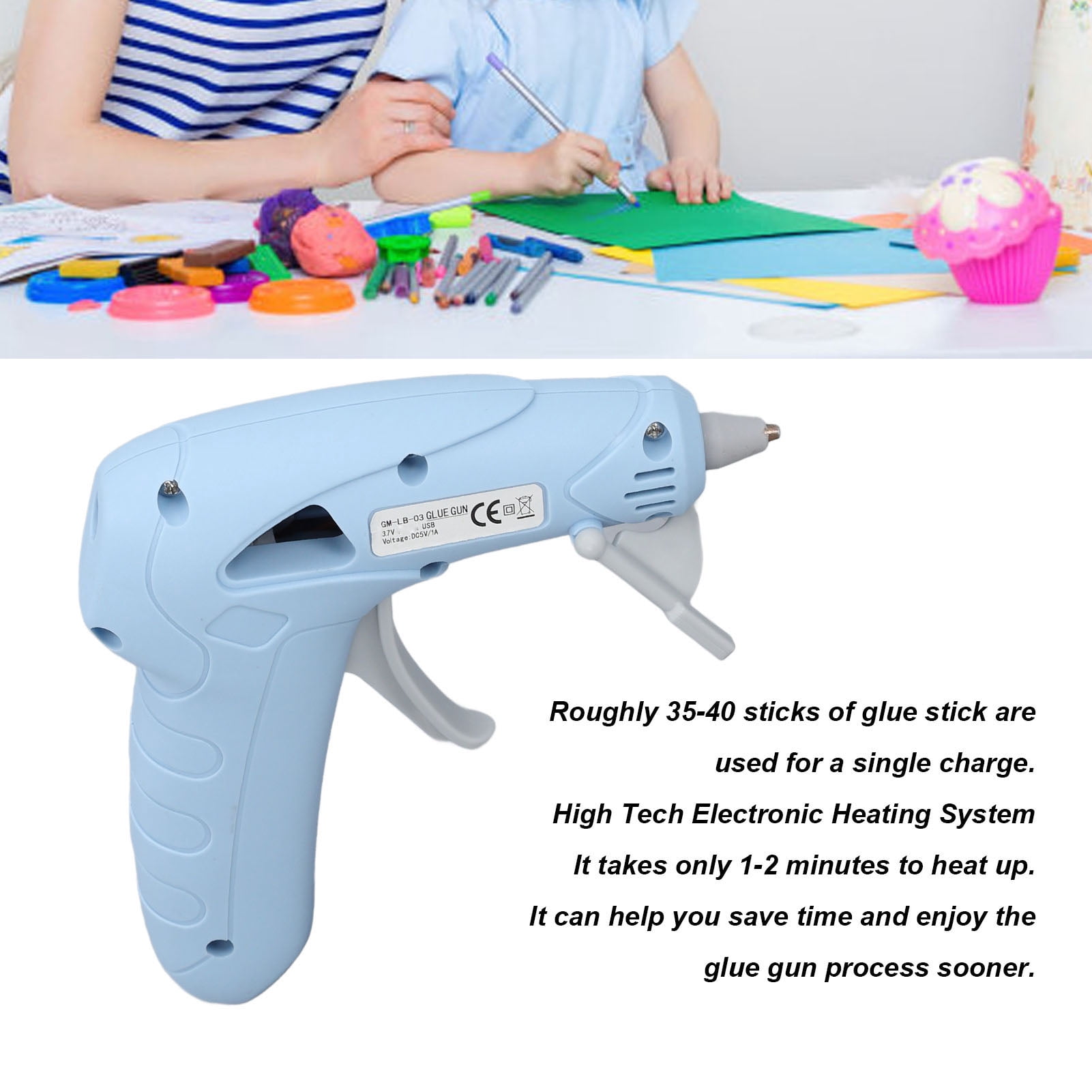Nieyigj Hot Melt Glue Gun Kit USB Rechargeable Cordless Mini Device With 30 Pcs Adhesive Bars Tool Bag Silicone Pad Anti-Drip Design for Home DIY Crafts Arts Repair - Blue