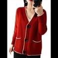 thumbnail image 3 of Suéter de Larga con Bloques de Color para Mujer, Abrigo Informal de Otoño con Botones y Bolsillo Rojo L, 3 of 8
