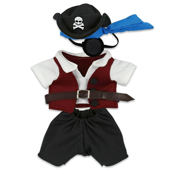 DolliBu Pirate Stuffed Animal Dress Up Costume Set - Pirate Shirt Belt Vest, Pants, Skull Pirate Hat, Eye Patch, Cute Teddy Bear Outfit - Large For 8 to 10 Inch Plush Toys