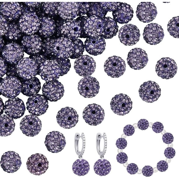 100pcs Purple Polymer Clay Beads with Rhinestones 10mm Round Disco Ball Beads