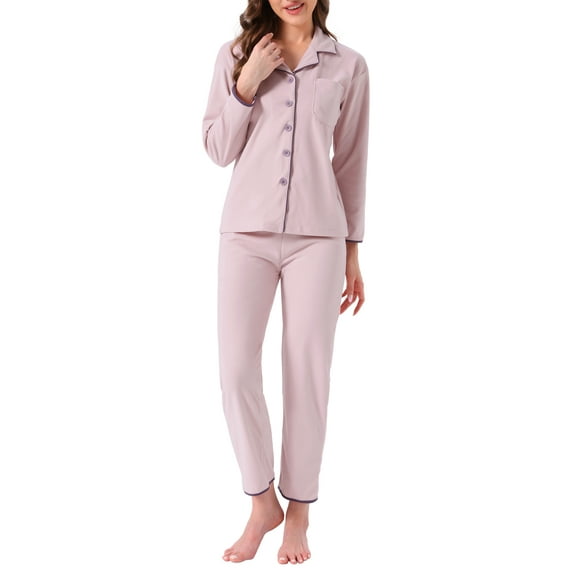 INSPIRE CHIC Womens Pajama Set Fleece Flannel Button Up Long Sleeve Notched Collar Pants Set with Pockets Loungewear Sleepwear S Pink