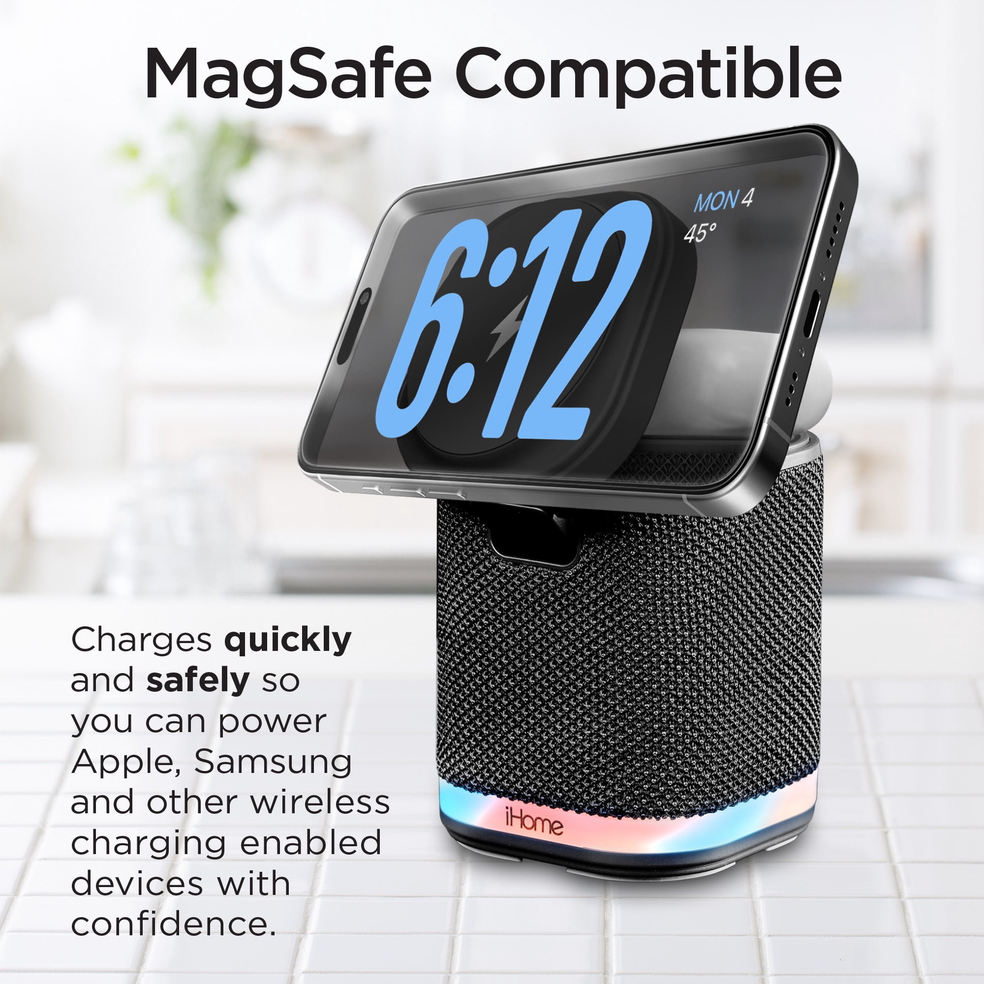 iHome Bluetooth Speaker with Wireless Charger, Wireless Charging Station with Color Changing Night Light