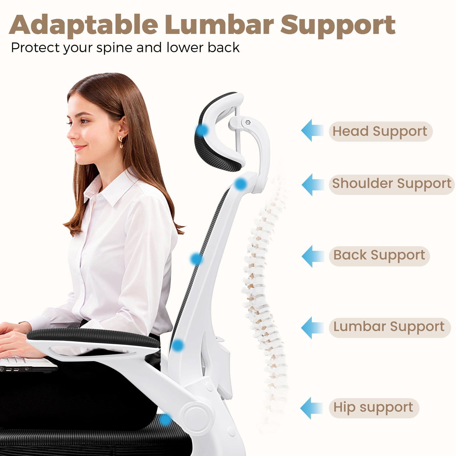 COOLHUT Office Chair Ergonomic Desk Chair, High Back Office Chair with Headrest, Big and Tall Comfy Home Office Desk Chair Lumbar Support Breathable Mesh Office Chair, White