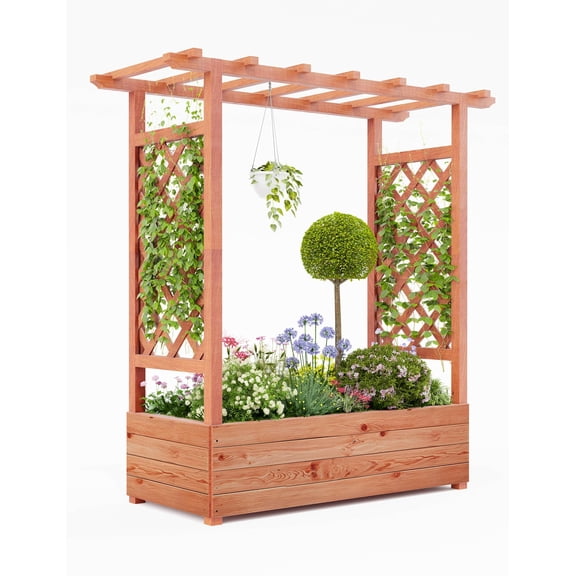 Memoryfield 43"x17"x44" Raised Garden Bed with Trellis, Wood Planter Box with Side Trellis & Hanging Roof, for Climbing Plants, Vines & Flowers