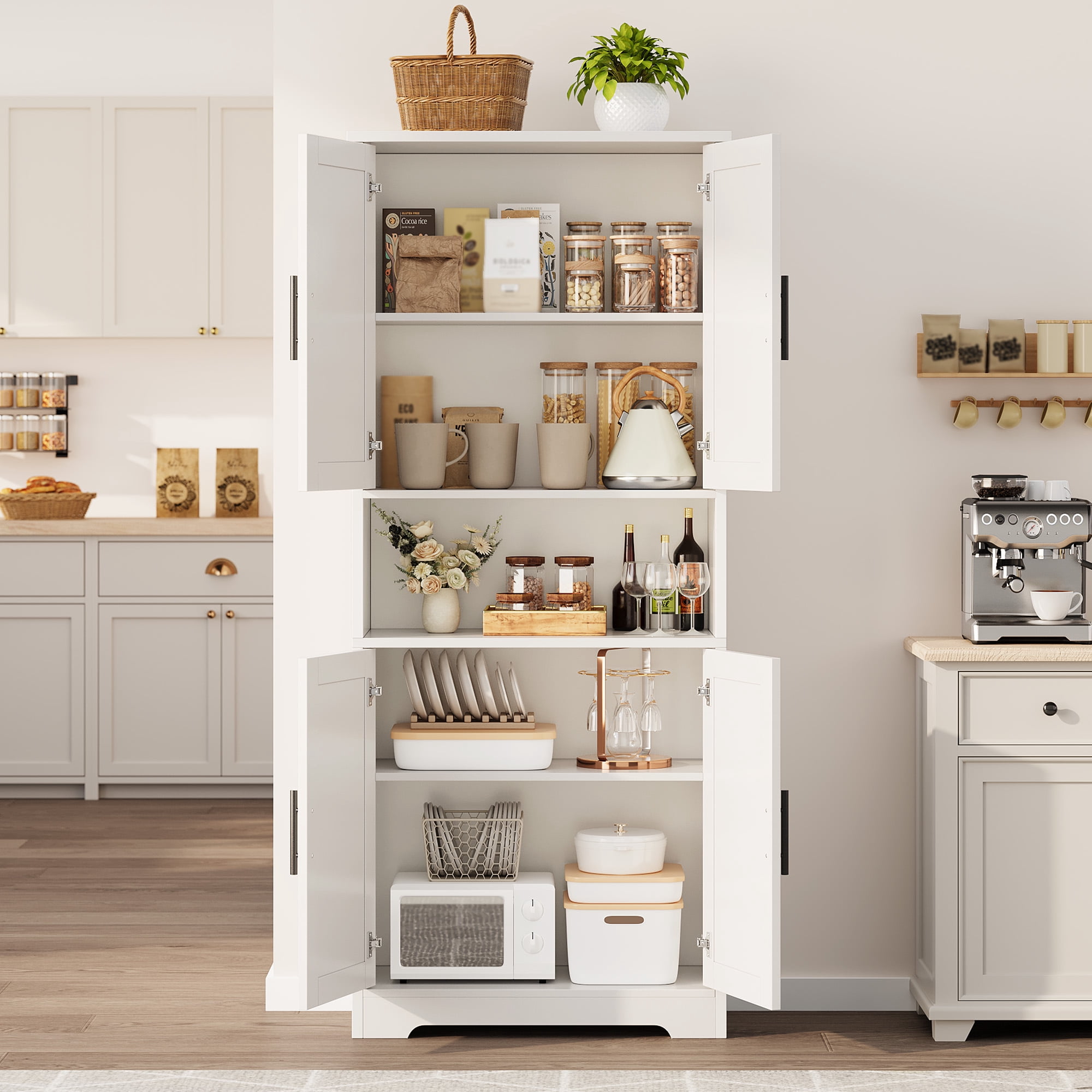 Freestanding Pantry Cabinet - 70 Inch Tall with 4 Doors & 3 Shelves, white