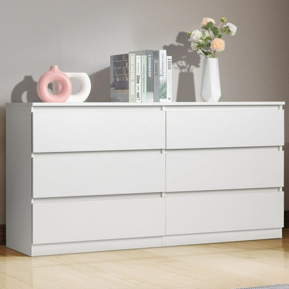 Ktaxon 6 Drawer Double Dresser Wood Dresser Storage Cabinet Drawer Organizer Chest Of Drawers, White