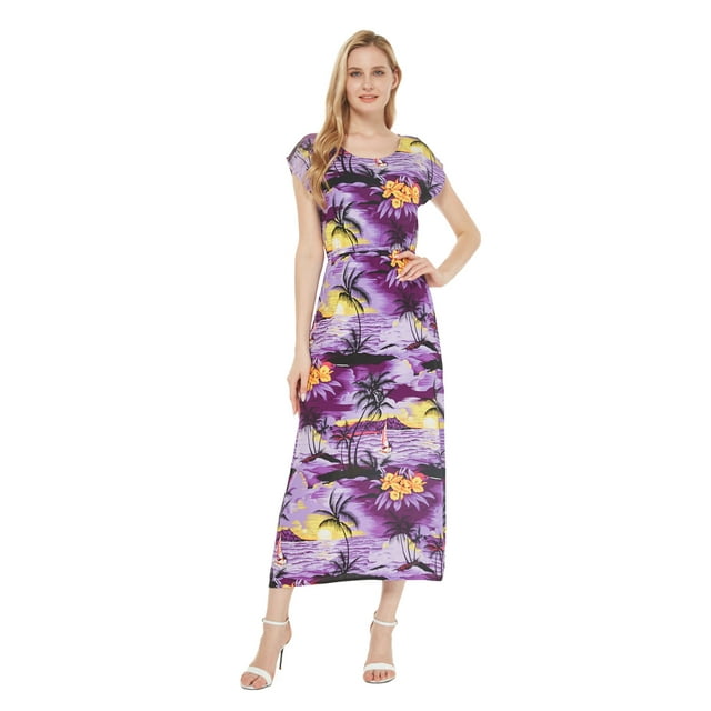 Robe Maxi Simple à Manches Courtes Hawaïenne pour Femmes 2TG Violet Coucher de Soleil