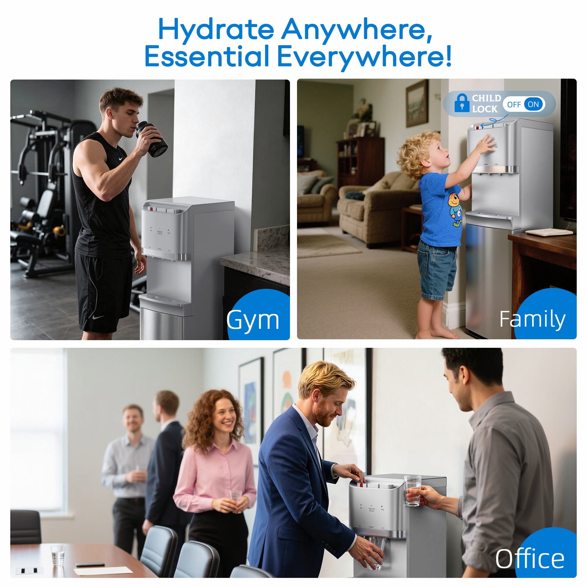 Nepsam Bottom Loading Water Cooler Dispenser - Hot, Cold & Room Temperature Water, 3 Spout Vertical Water Dispenser for 5 Gallon Bottles, Stainless Steel Design for Home & Office