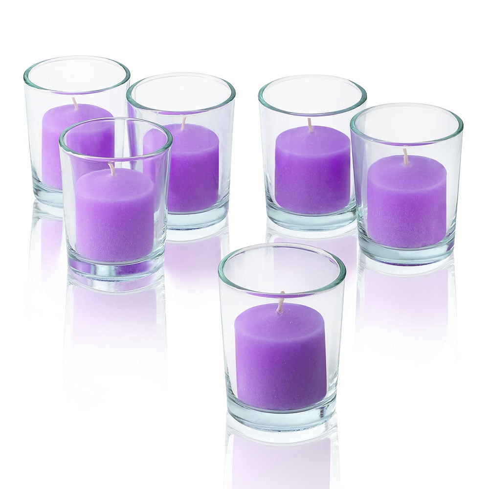 Clear Glass Round Votive Candle Holders With Lavender votive candles
