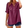 thumbnail image 2 of Women's Short Sleeve T-shirt Women'S Cropped Linen Shirt - Button Down Casual Blouse,Red Women's Short sleeve T-shirt 4XL, 2 of 7