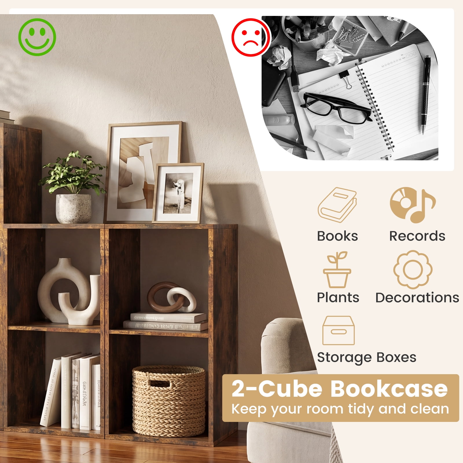 Costway 2-Cube Bookshelf, Modern Vertical Bookcase with Back Guardrail&Anti-tipping Kits Rustic Brown