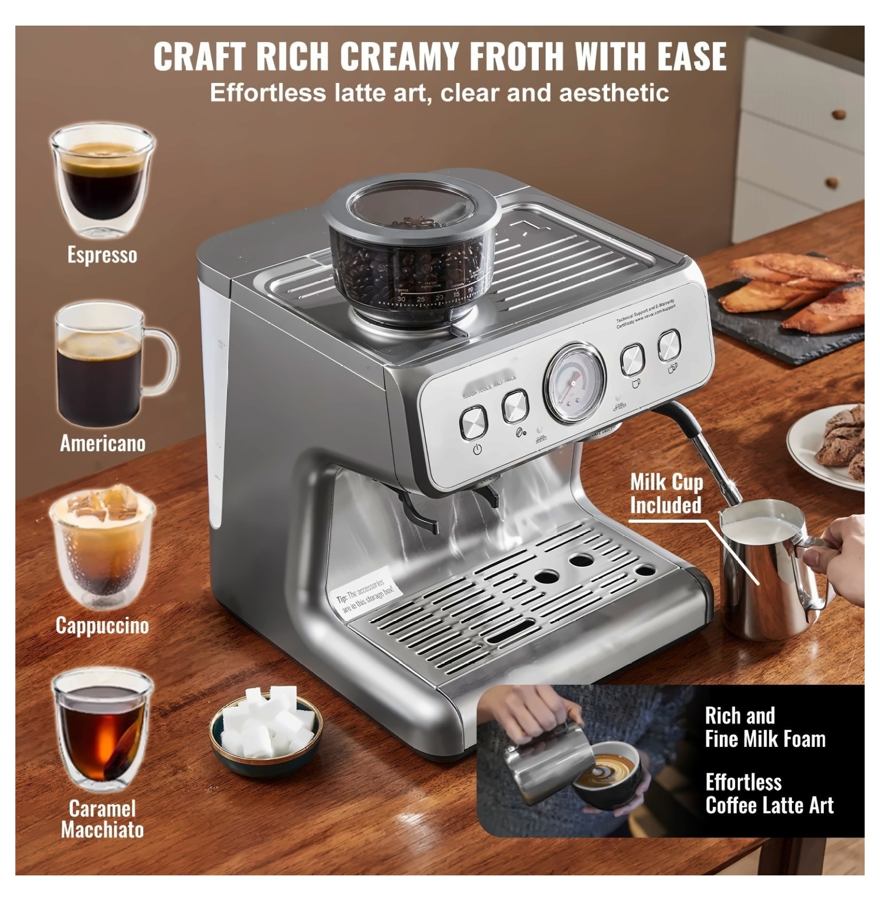 Espresso Machine with Grinder, 15 Bar Semi-Automatic Coffee Maker, Milk Frother, PID Control