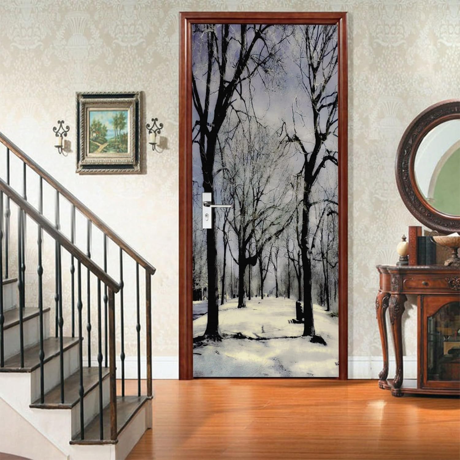 3D Door Stickers for Interior Doors Winter Forest in Black and White Monochrome Vinyl Waterproof Self Adhesive Door Mural,SP-F875,M(44x200cmx2Pcs)