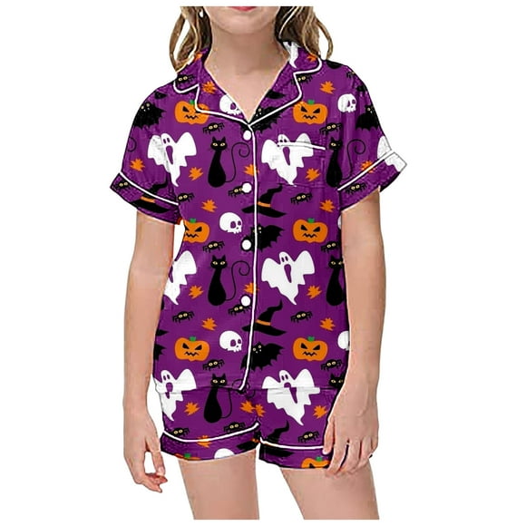 GDREDA Girls Summer Pajamas Children's Leisure Printed Button Collar Short Sleeved Top Shorts Pajama Set Dark Purple,8-9 Years