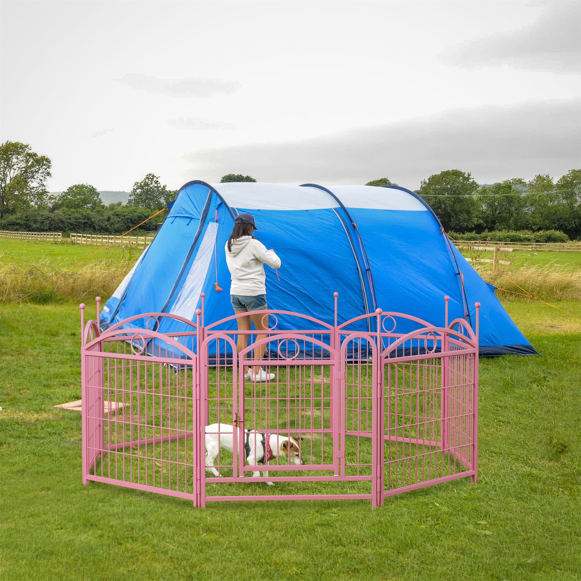 Pefilos Outdoor Dog Playpen with Doors, 24" 8 Panels Indoor Dog Fence Metal Dog Pen Pet Puppy Exercise Pen for RV Camping Garden Yard, Pink