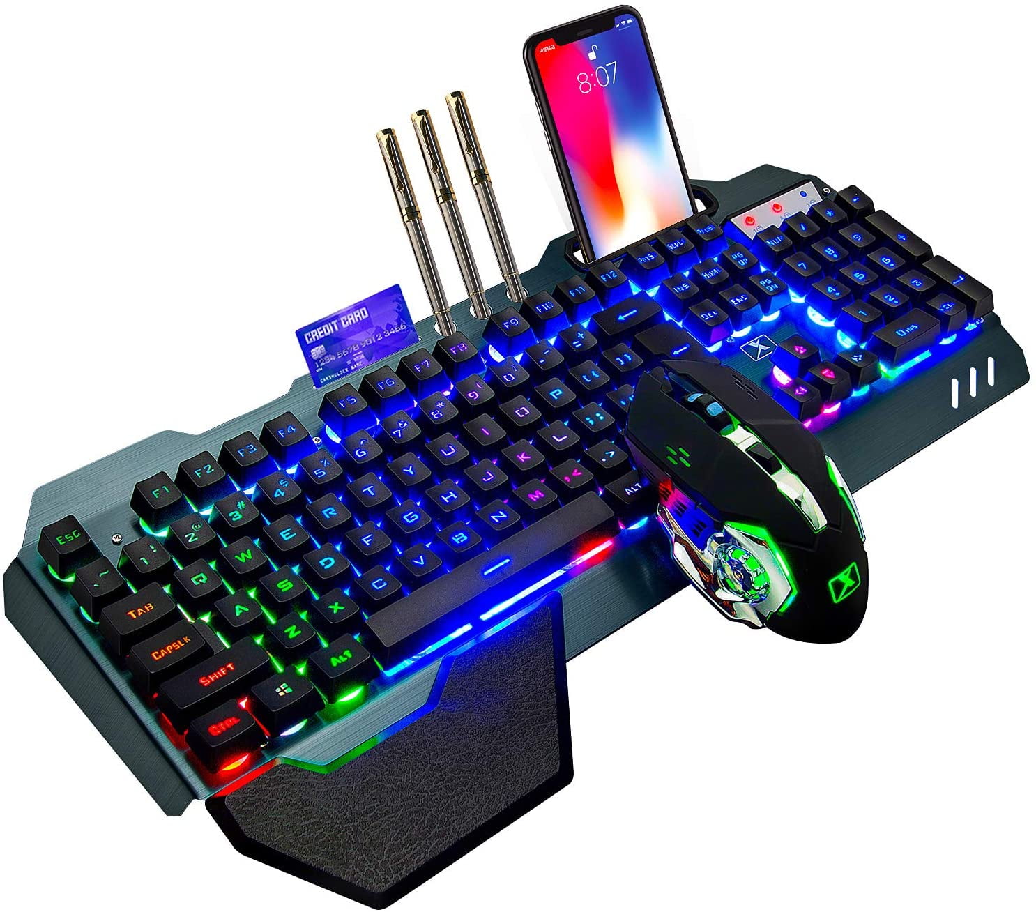 Rejse tiltale byld på XINMENG Wireless Gaming Keyboard and Mouse,Rainbow Backlit Rechargeable  Keyboard Mouse 3800mAh Battery Metal Panel,Removable Hand Rest Mechanical  Feel Gaming Mute Mouse for PC PS4 PS5 Xbox Gamers - Walmart.com
