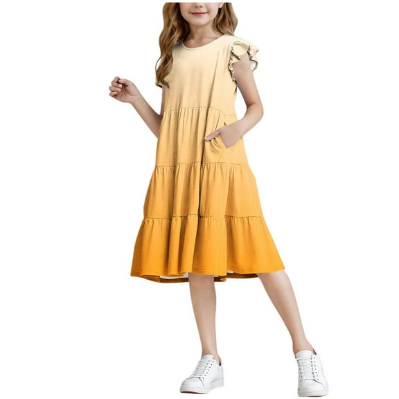 Efsteb Summer Dress for Girls Ruffles Tiered Dresses Flutter Sleeve Flowy Sundress Casual Gradient Dresses (Yellow,13 Years)