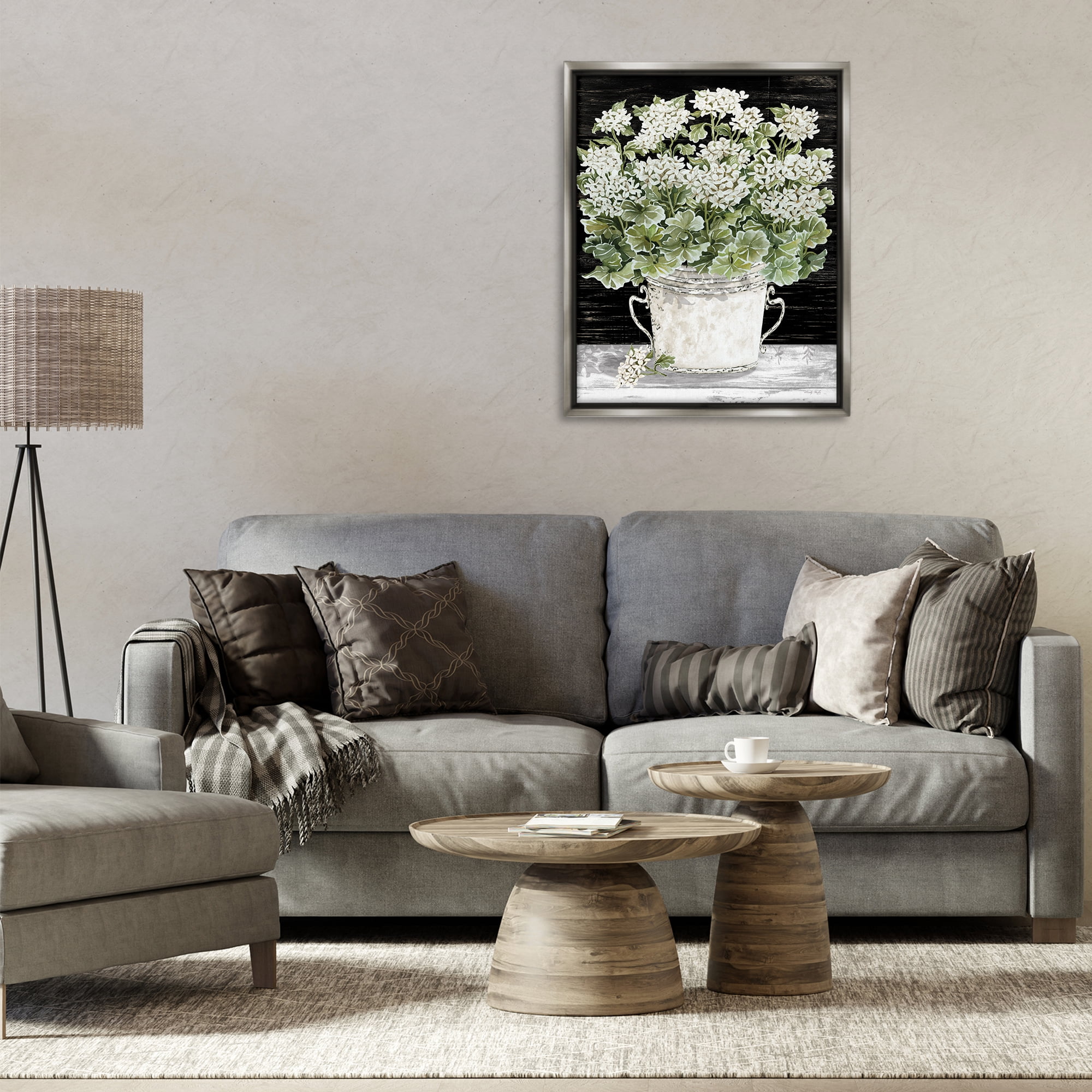 Stupell Industries Country Vase Baby's Breath Plants & Flowers Painting Gray Floater Framed Canvas Art Print Wall Art, 25 x 31