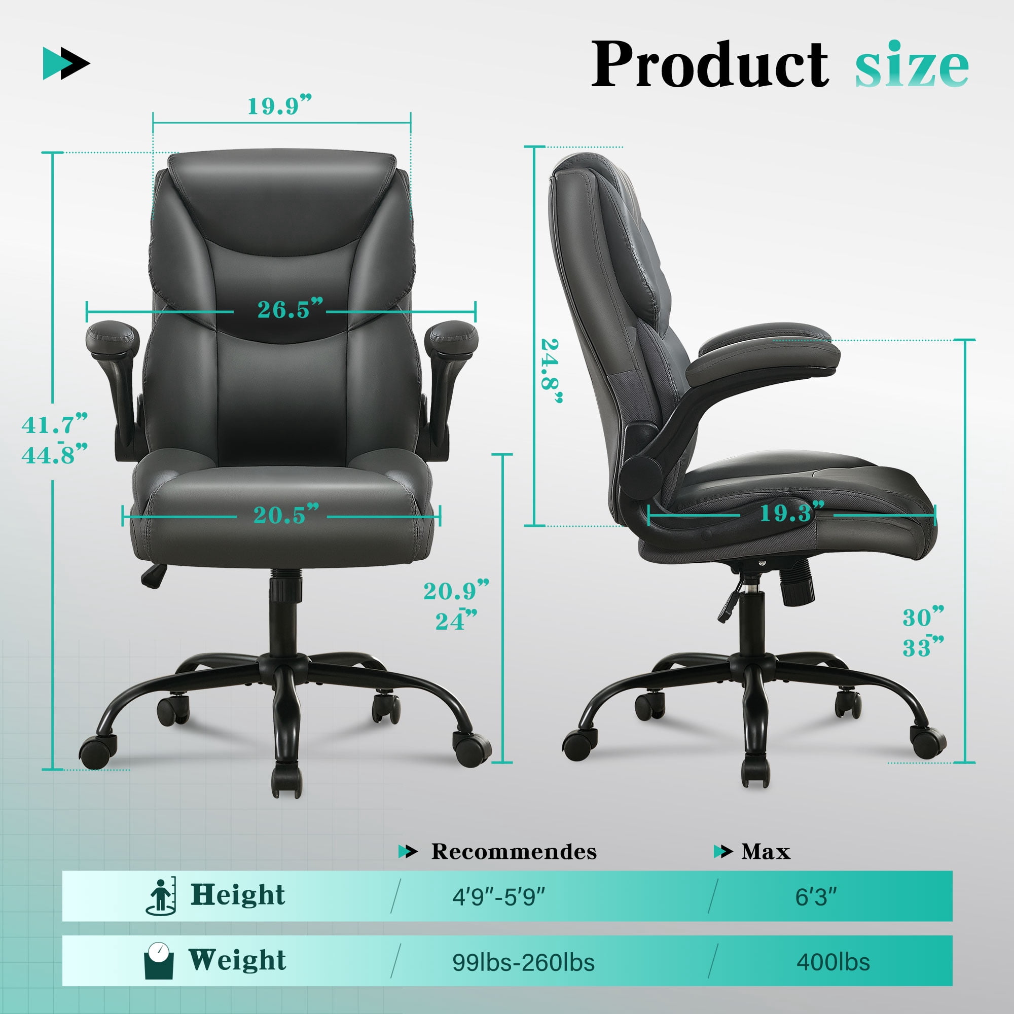 JONPONY Big and Tall Office Chair Wide Seat Ergonomic Computer Desk Chair High Back Executive Leather Chair Adjustable Task Chair Lumbar Back Support 8 Hours Heavy Duty Design,Dark Gray