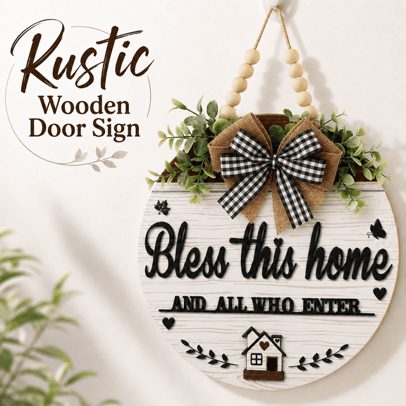MORAVE 3D Wooden Front Door Signs, Bless This Home And All Who Enter Hanging Door Decor, Christian Jesus All Season Spring Wreaths for Porch Wall Front Door Outside Decor
