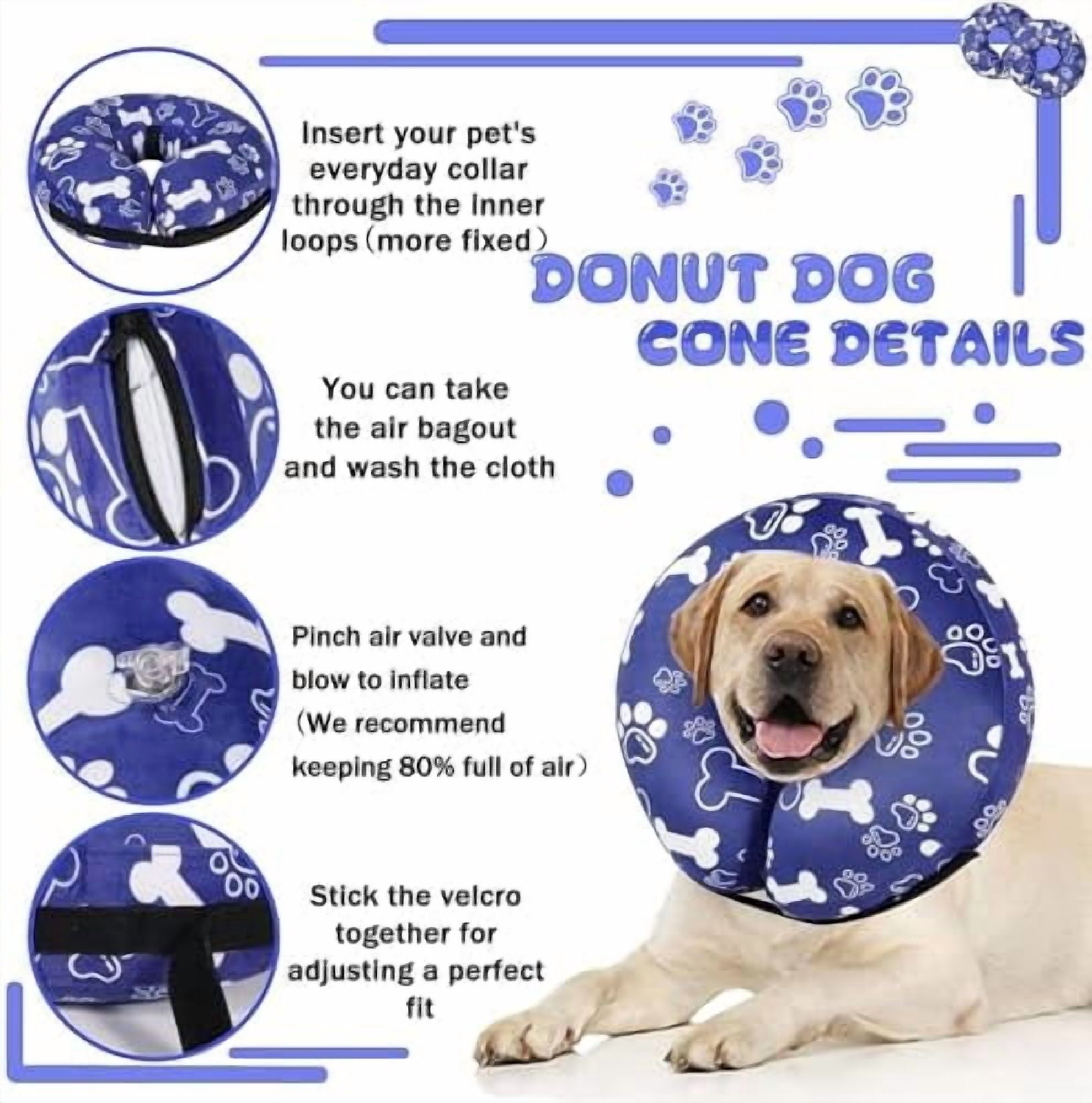 Recovery Donut Collar for Dogs & Cat,Inflatable Dog Cone Collar Alternative After Surgery,Soft Cone for Large Medium Small Dog,Adjustable Pet Neck Donut(Darkblue Bone,X-Large