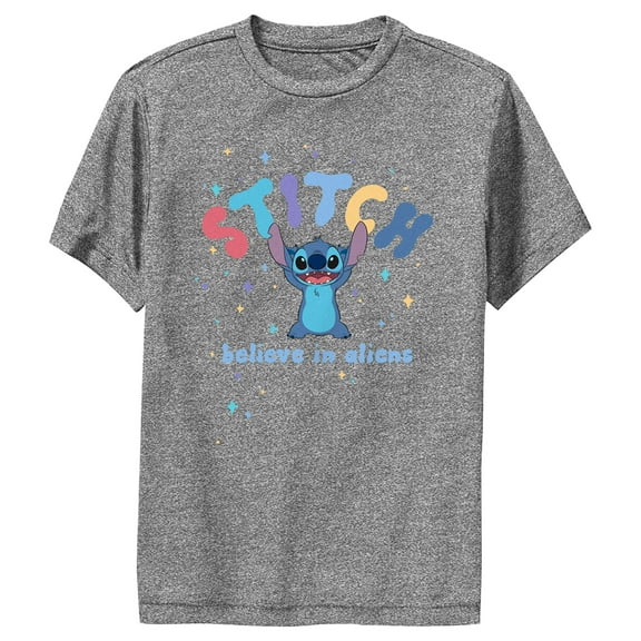 Boy's Lilo & Stitch Believe in Aliens Stitch  Performance Graphic Tee Charcoal Heather Small