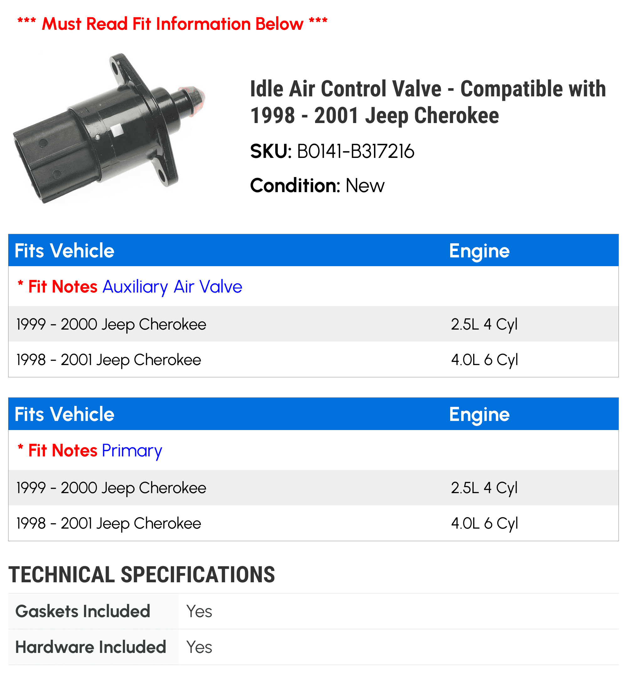 Idle Air Control Valve - Compatible with 1998 - 2001 Jeep Cherokee 1999 2000