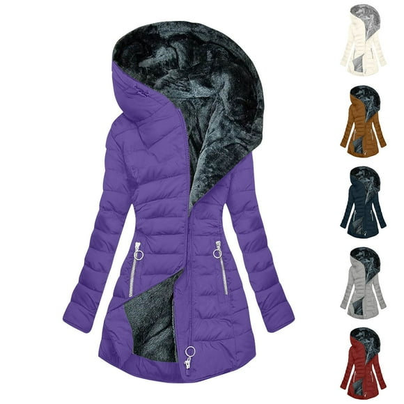 JURANMO Plus Size Quilted Jackets for Women Long Sleeve Hood Winter Down Coat Soft Comfy Fleece Lined Warm Parka Jacket Fall Savings Wine M
