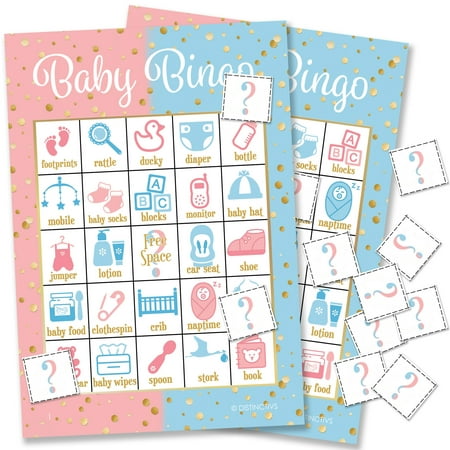 Pink, Blue, and Gold Gender Reveal Party Baby Bingo, 24 Game