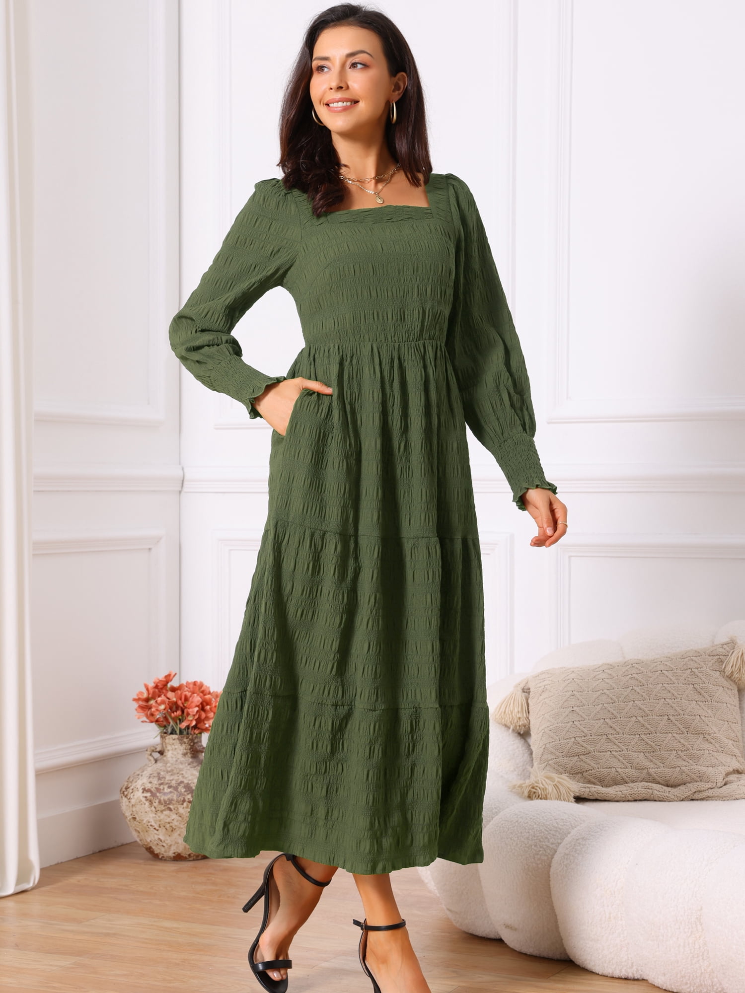 DARING DIVA Women's Long Sleeve Square Neck Flowy Tiered Maxi Dress L Green