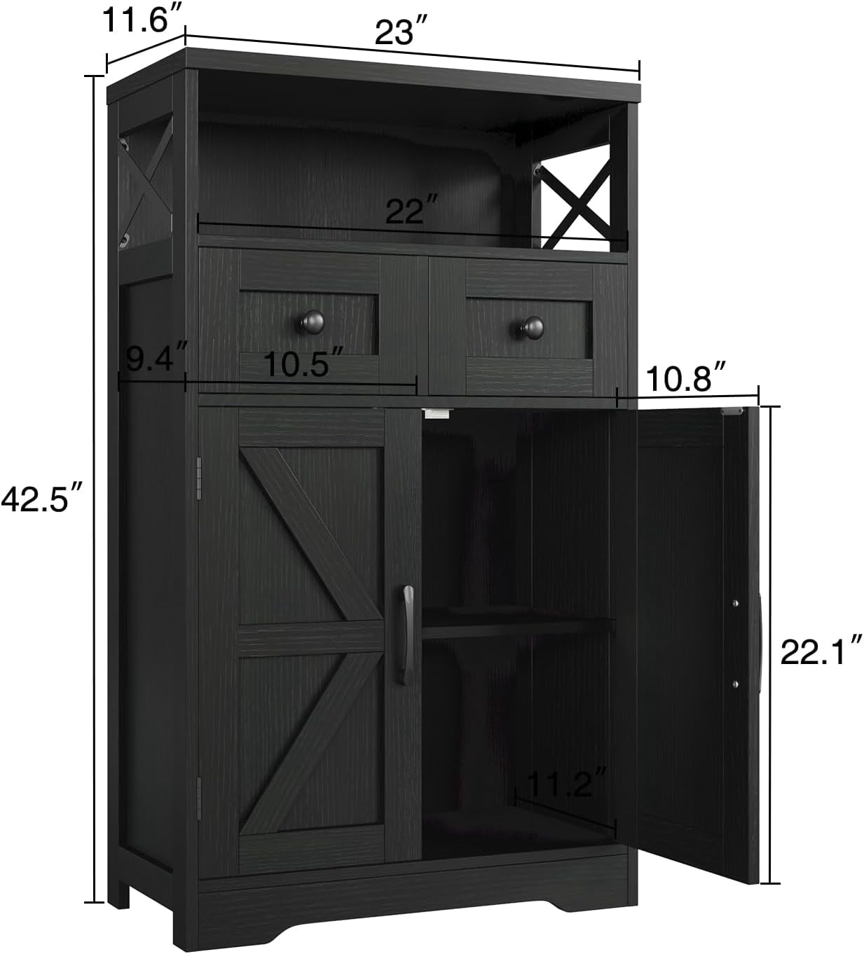 Set of 2 Black Storage Cabinet with Drawers and Shelves, Freestanding Black Kitchen Pantry, Floor Storage Cabinet Hutch Cupboard for Dining, Living Room, Home Office