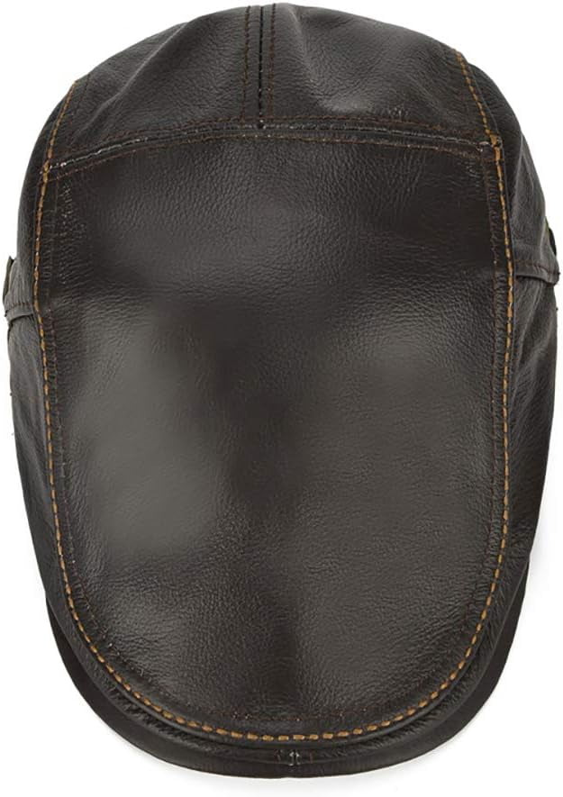 Men's Adjustable Genuine Leather Cowhide Cap Newsboy Hat Cabbie Beret Hat Driving Hunting Fishing Hat