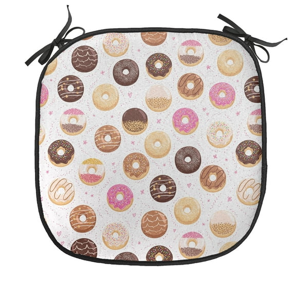 Food Chair Seating Cushion, Donuts and Little Hearts Pattern Colorful Yummy Delicious Desserts Print, Soft Seat Pads for Office with Anti-slip Backing, 16"x16", Pink Brown, by Ambesonne