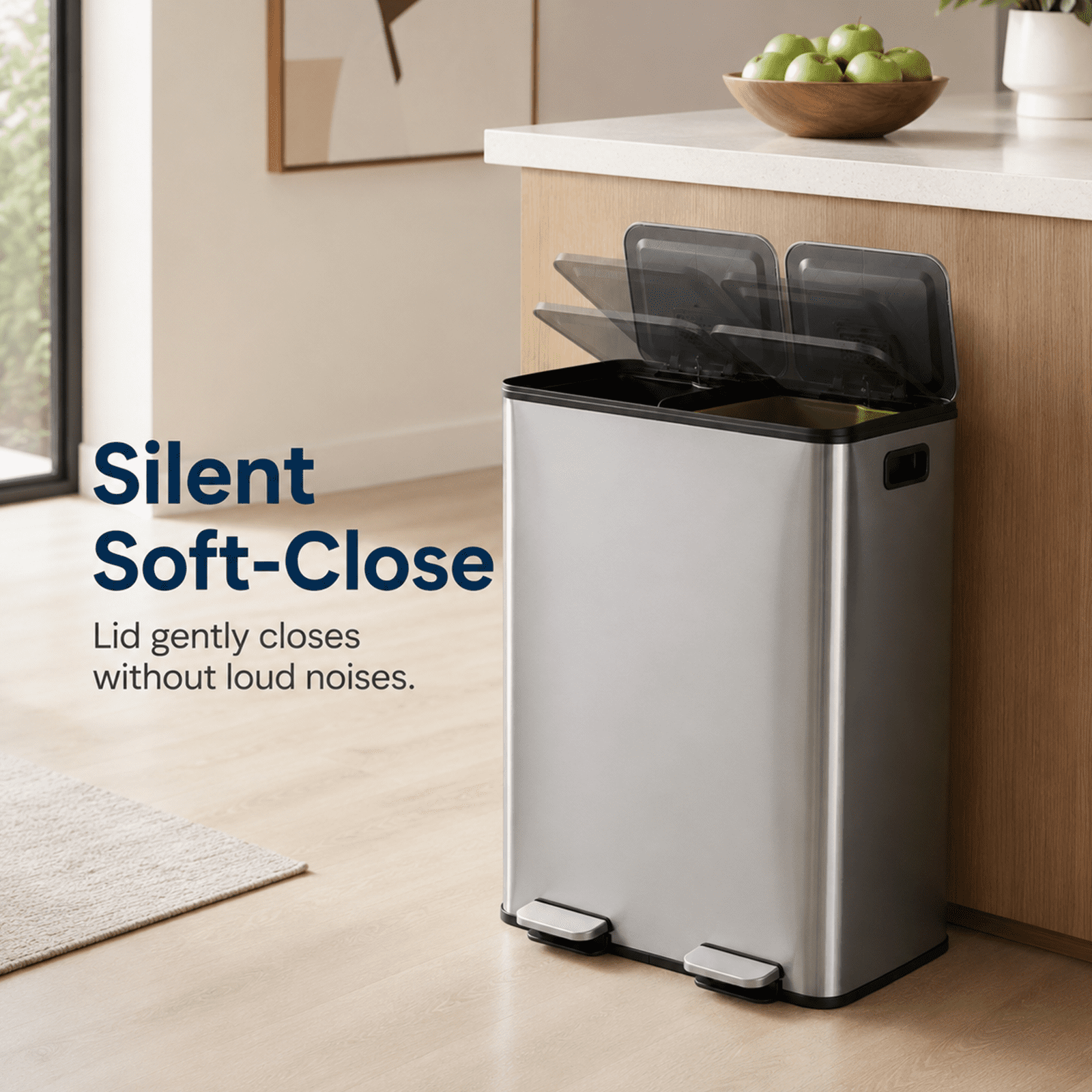 Alvantor Dual Bin Trash Can, 2 x 8 Gallon (2 x 30 L) Garbage Can for Kitchen, Soft-Close Lid and Removable Inner Buckets, Odor Control, Fingerprint-Resistant, Stainless Steel