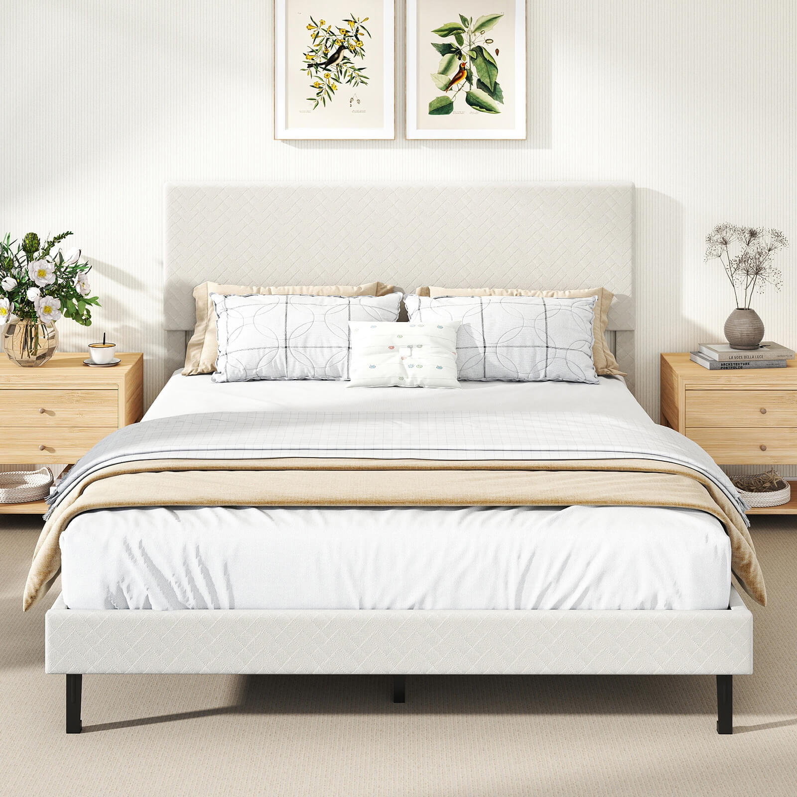 Costway Queen Size Velvet Bed Frame with Height Adjustable Chevron Headboard,Noise Free Beige