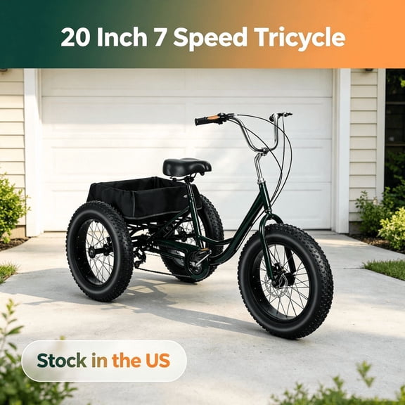Fompes 20 Inch 7 Speed Adult Tricycle,3 Wheel Bike with 12" Spacious Shopping Basket,Snow Tires Tricycle,Drift Trike for Adult with Double Disc Brake,Three-Wheeled Bicycles for Seniors,Cruise Trike