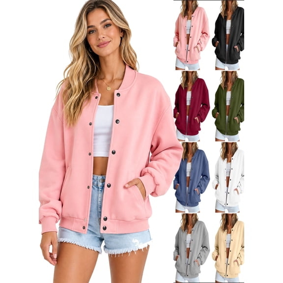 APEXFWDT Varsity Jackets for Women Long Sleeve Snap Button Baseball Bomber Jacket with Pockets Casual Streetwear
