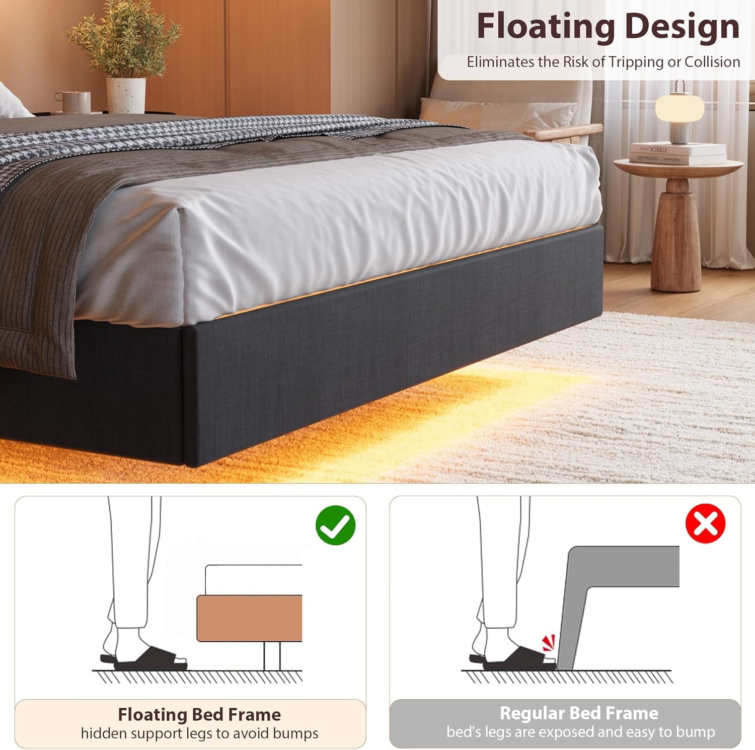 King Floating Bed Frame with LED Lights & Charging Station, Upholstered Platform Bed with Storage Headboard, Black