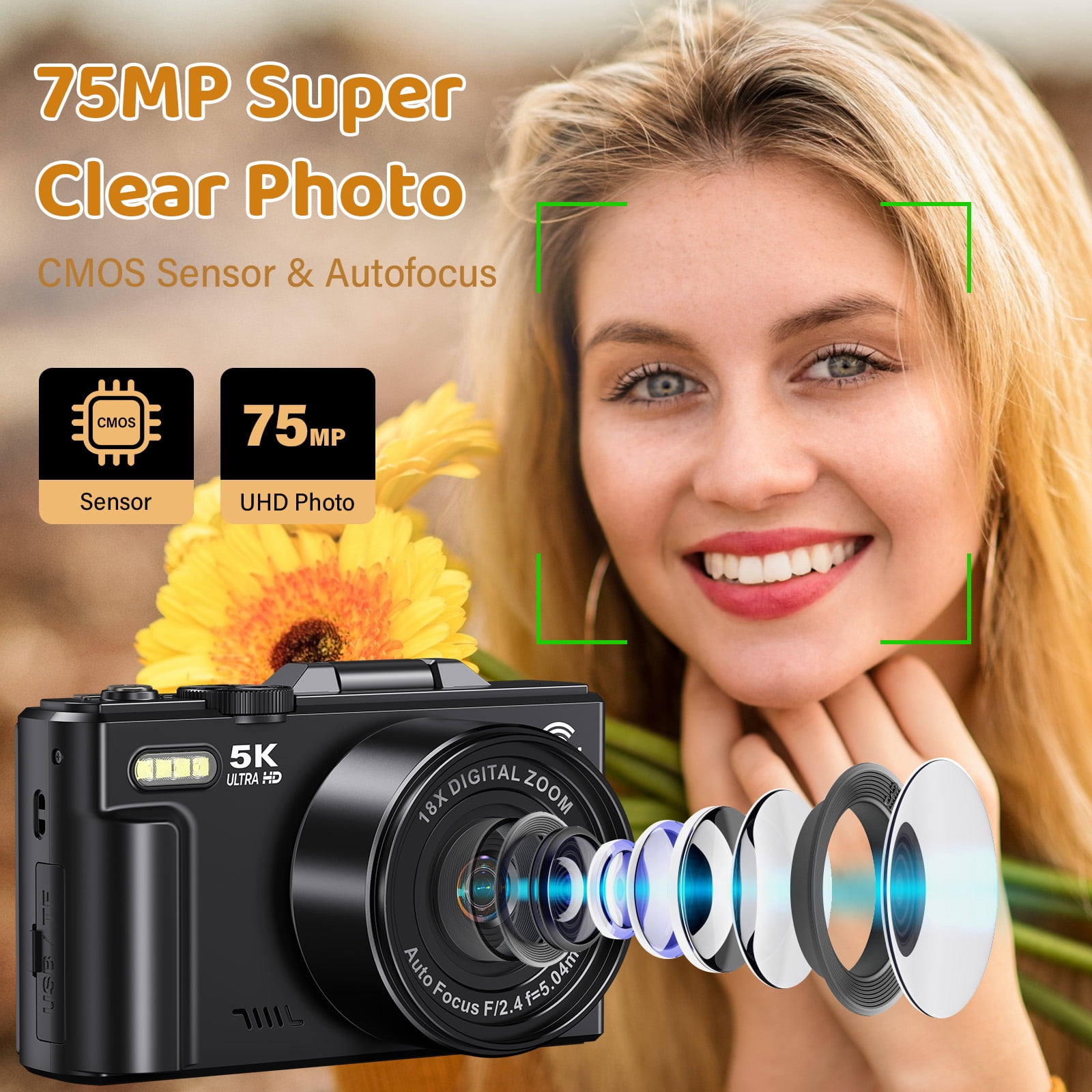 MARVUE Digital Camera 5K 75MP WiFi Vlogging Camera for Photography, Autofocus, 18x Zoom, Flip Screen with 32GB Card, Black