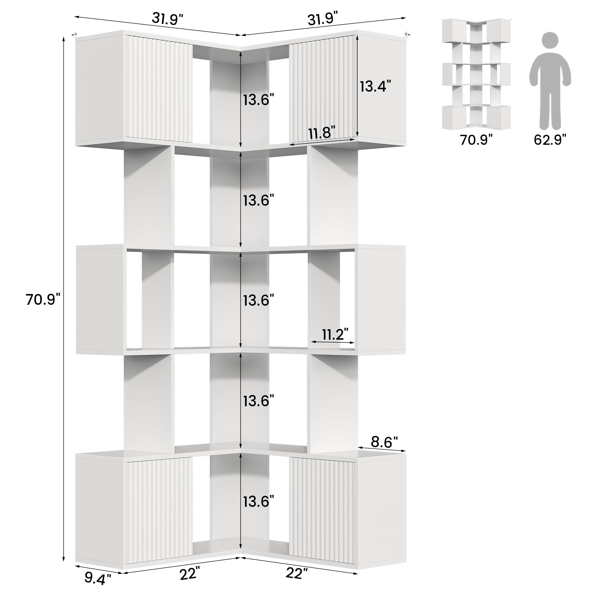 ModFurne 71 inch L-Shaped Corner Bookshelf, 5 Tier Cube Storage Bookcase, Wood Modern Book Shelf Organizer for Living Room/Home Office/Bedroom, White
