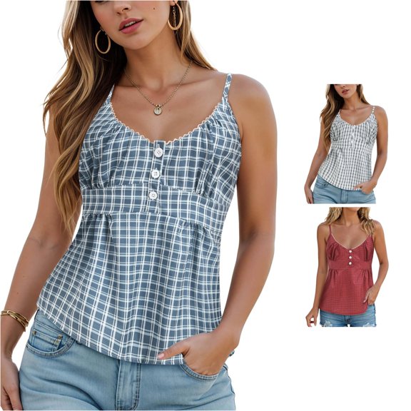 Rggeeun Women Tank Tops Flowy Camisole Plaid Pattern V Neck With Spaghetti Strap & Front Buttons Relaxed Fit For Summer Evening Party Elegant Sleeveless,Blue,M