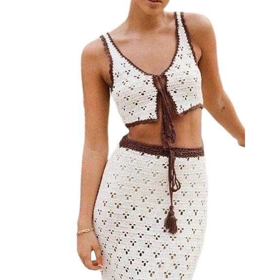 Women'S Crochet 2 Piece Outfit, Sleeveless Crop Top and Maxi Skirt Set As Shown XL