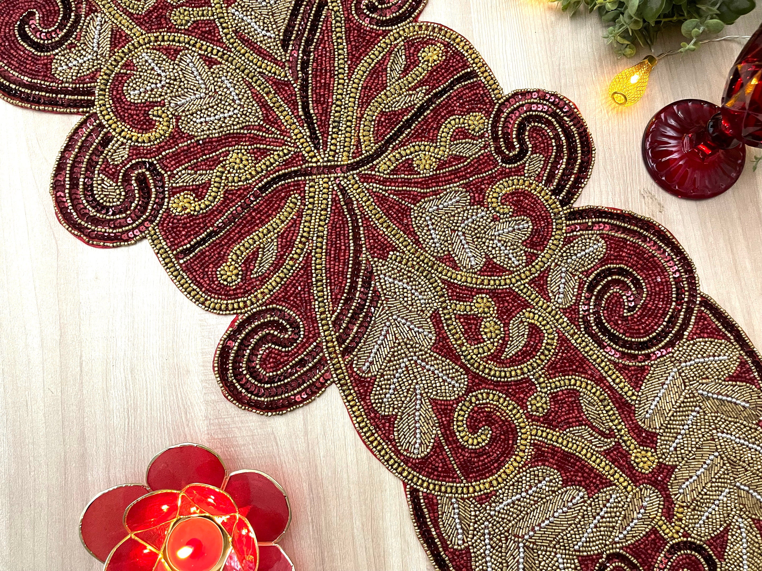 Handmade table runner, beaded table runner, Red Maroon and gold 13x36inch